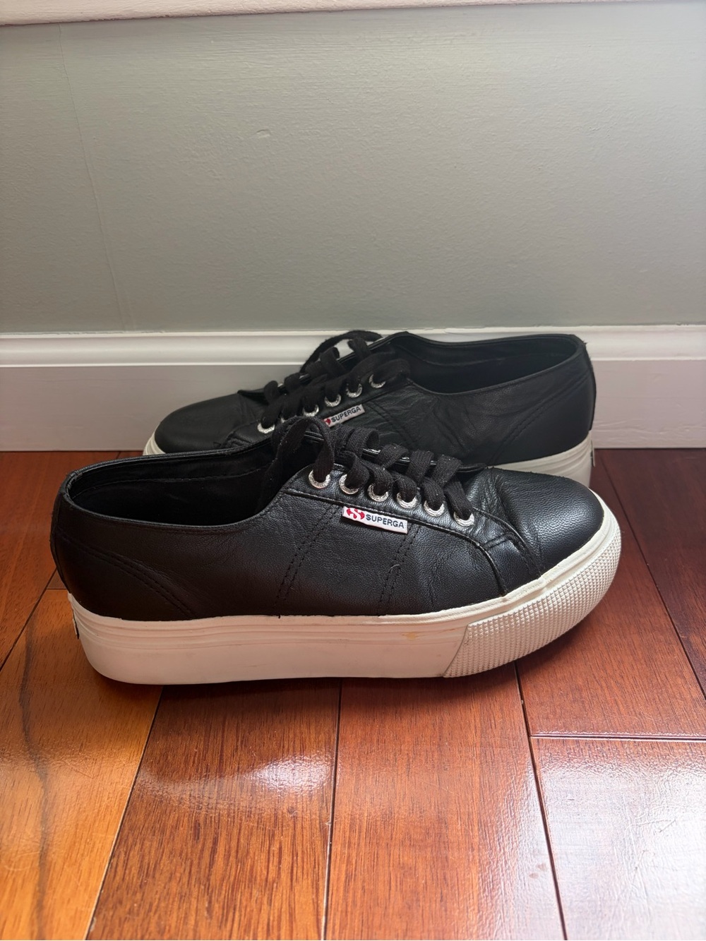 Superga Black Leather Platform Low-Top Sneakers with White Sole